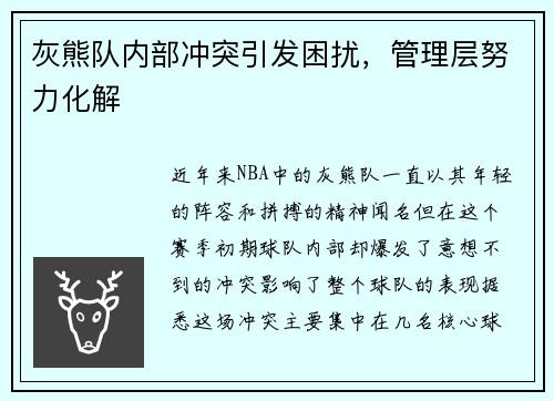 灰熊队内部冲突引发困扰，管理层努力化解